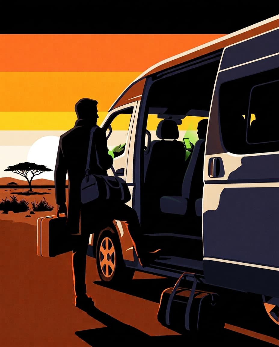A passenger boarding a long-distance minibus at dusk