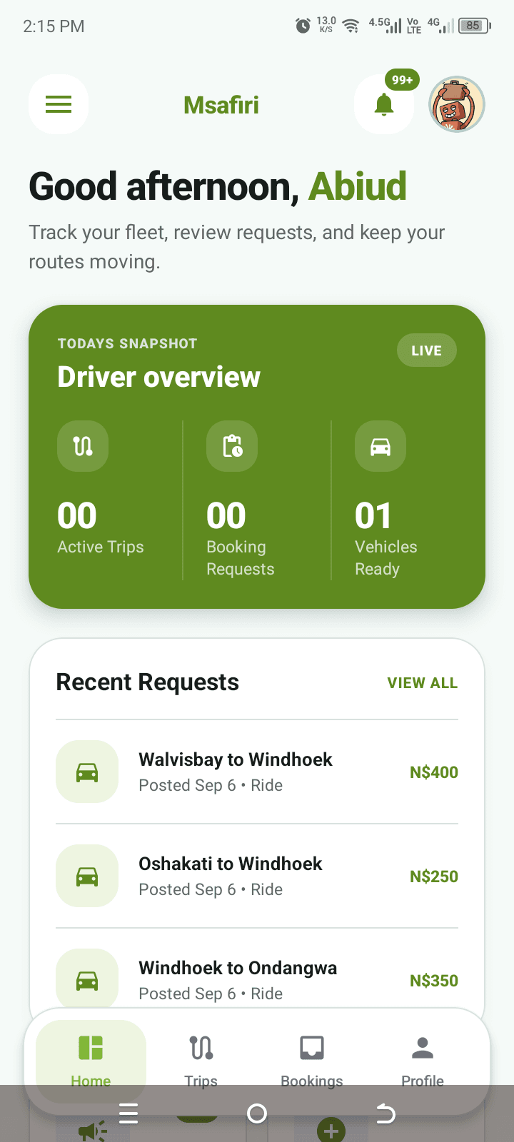 Driver app home screen showing today's snapshot and recent requests