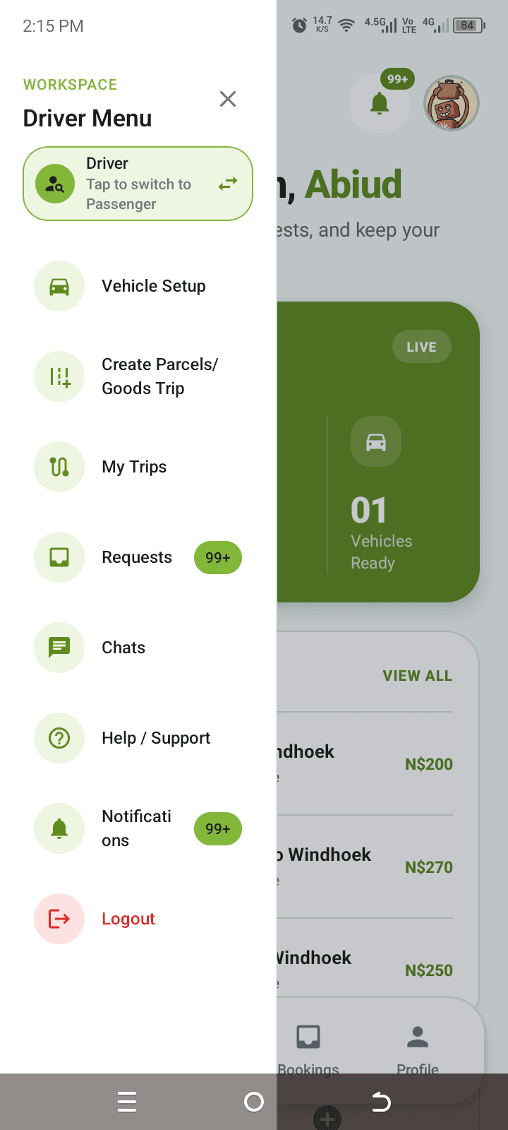 Driver app menu listing vehicle setup, trips, requests, chats and support