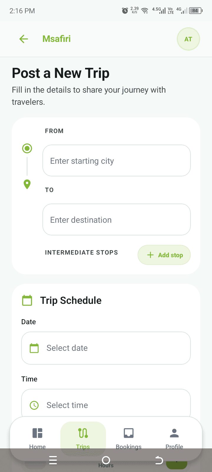Driver app form for posting a new trip