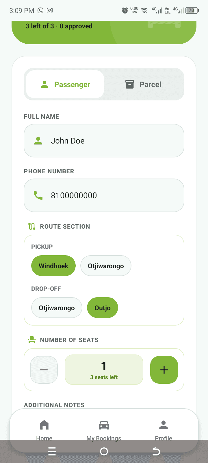 Passenger app booking form for a seat or parcel