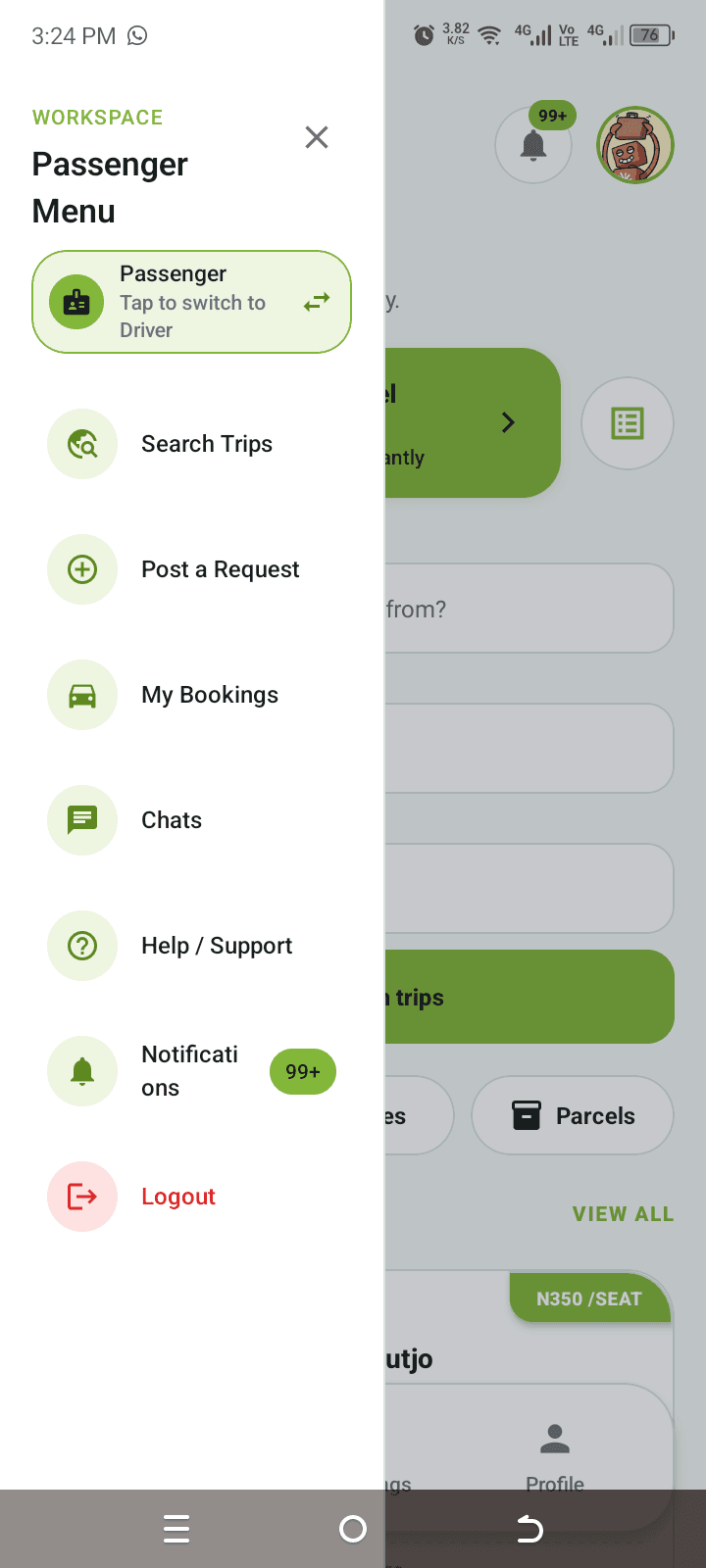 Passenger app menu listing search, bookings, chats and support
